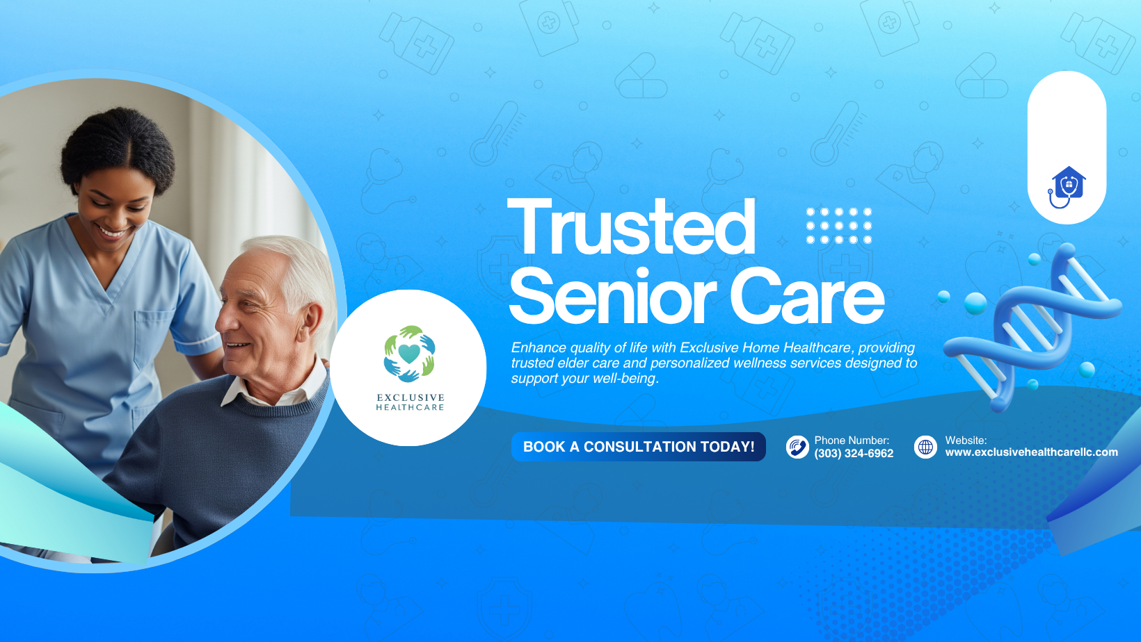 A smiling nurse tending to an elderly man in a healthcare setting, with medical icons and DNA strand graphics in the background.