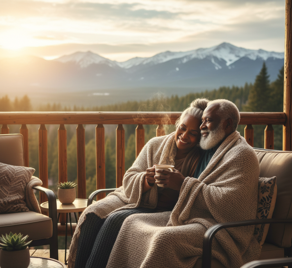 Older couple sitting on a porch with mountain view at sunset, wrapped in blankets, sharing a warm drink, smiling.
