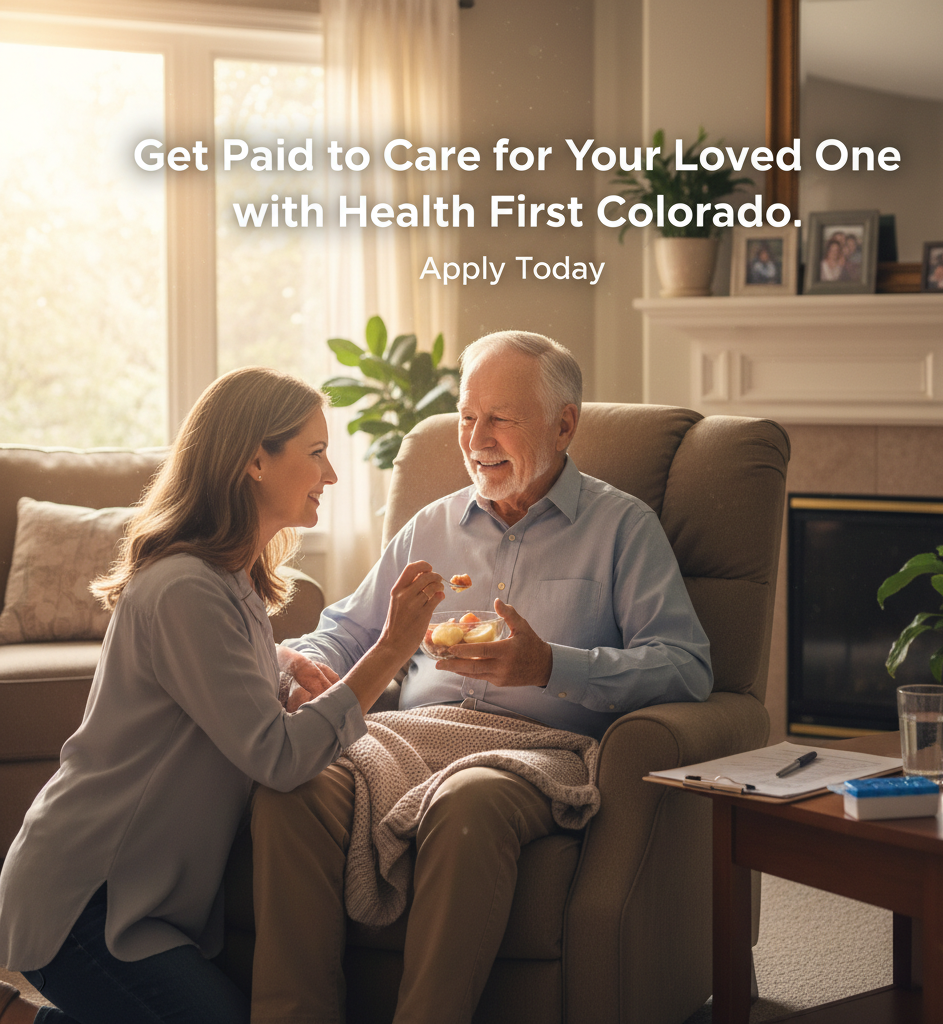 An elderly man sitting in a recliner chair, smiling and holding a bowl of food, while a woman, possibly a caregiver or family member, offers him a spoonful. They are in a cozy living room with warm sunlight, a fireplace, and family photos in the back