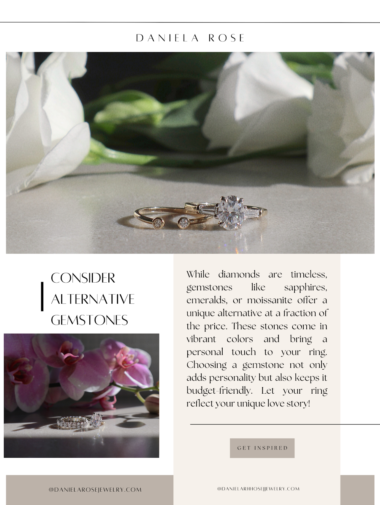 Jewelry email marketing design featuring engagement rings, diamond selection guidance, and educational content to help customers compare options and make informed purchasing decisions.