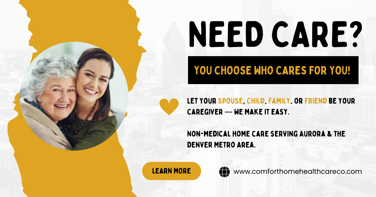A promotional flyer for non-medical home care services. It features a smiling elderly woman and a young woman, possibly her caregiver, in a close embrace. The background is a cityscape with a golden silhouette outline. The flyer asks if you need care