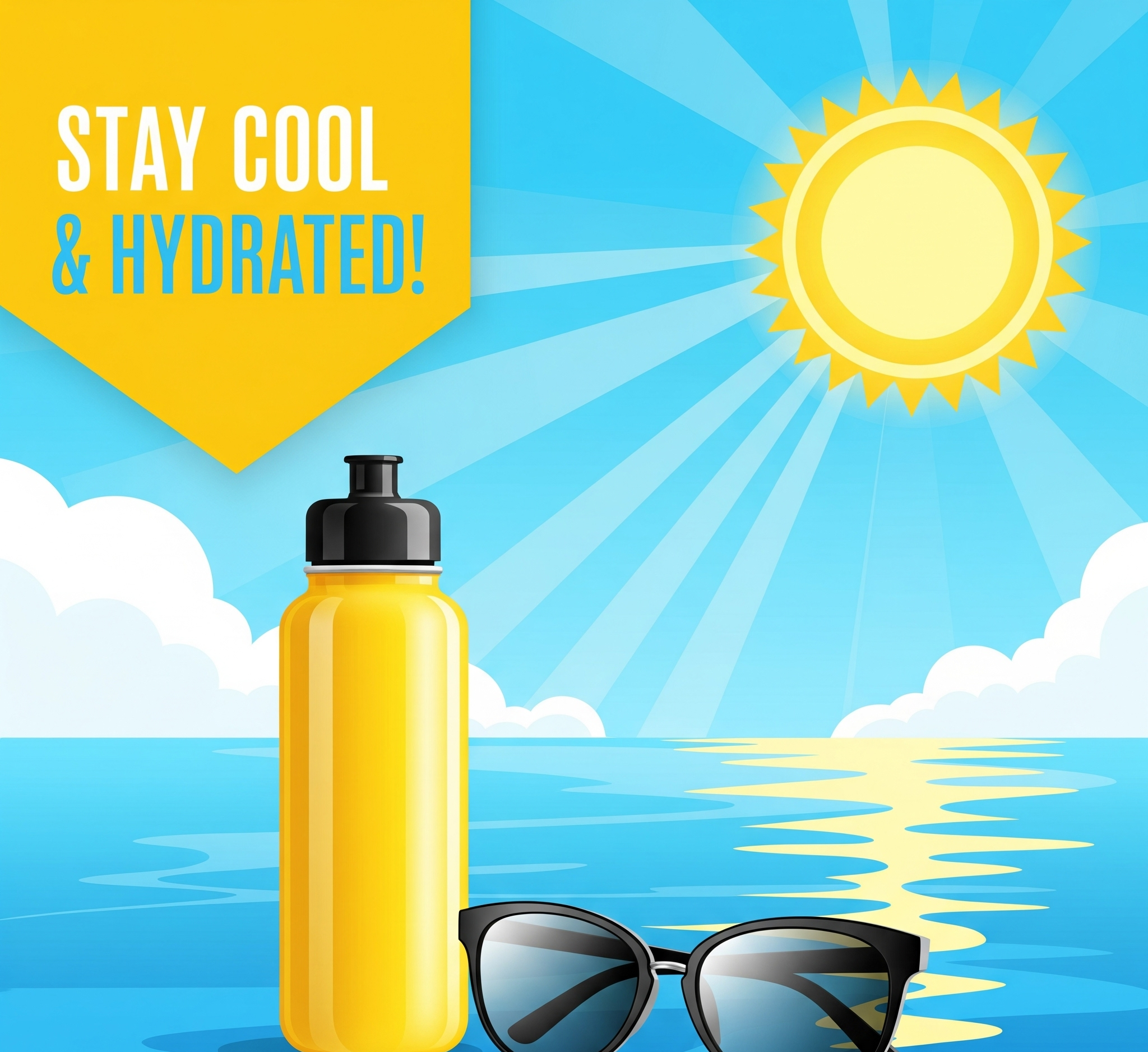 Bright summer-themed illustration with a yellow sun, blue sky, and white clouds. Text reads 'Stay Cool & Hydrated!' with a yellow water bottle and sunglasses at the bottom.