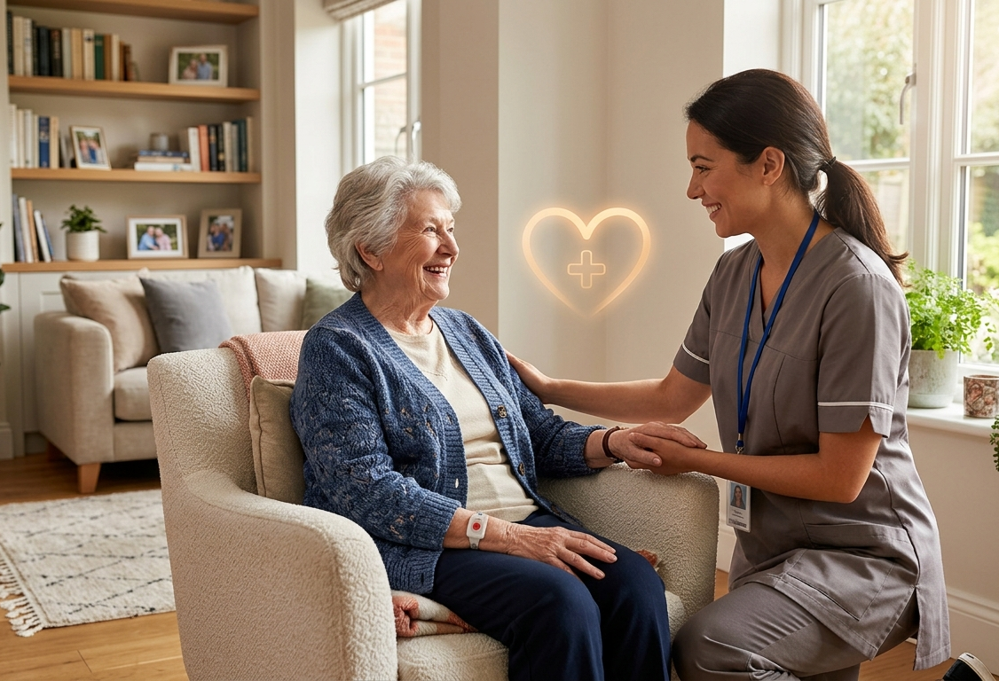 A nurse smiling and holding hands of an elderly woman sitting in a living room, with a neon heart symbol with a plus sign in the background.