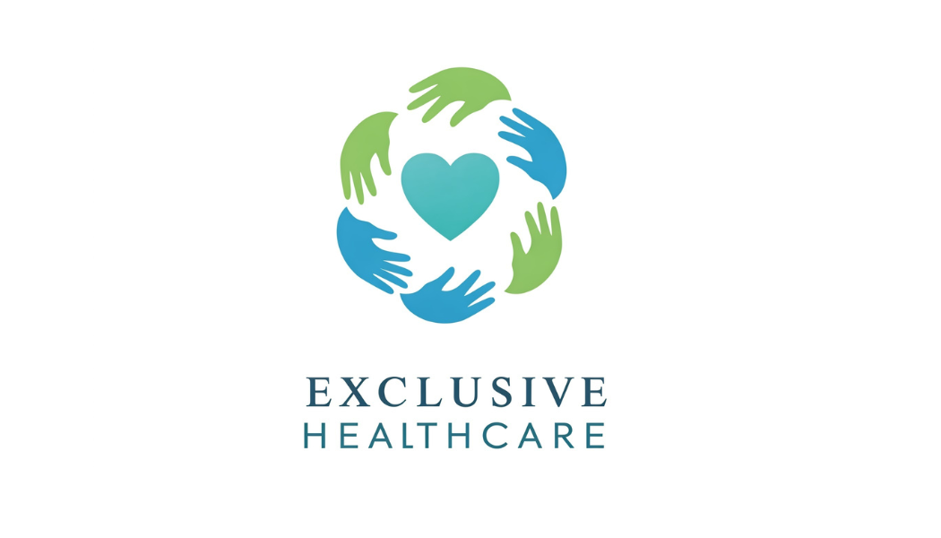 Logo for Exclusive Healthcare with a heart and six hands in a circle surrounding the heart.