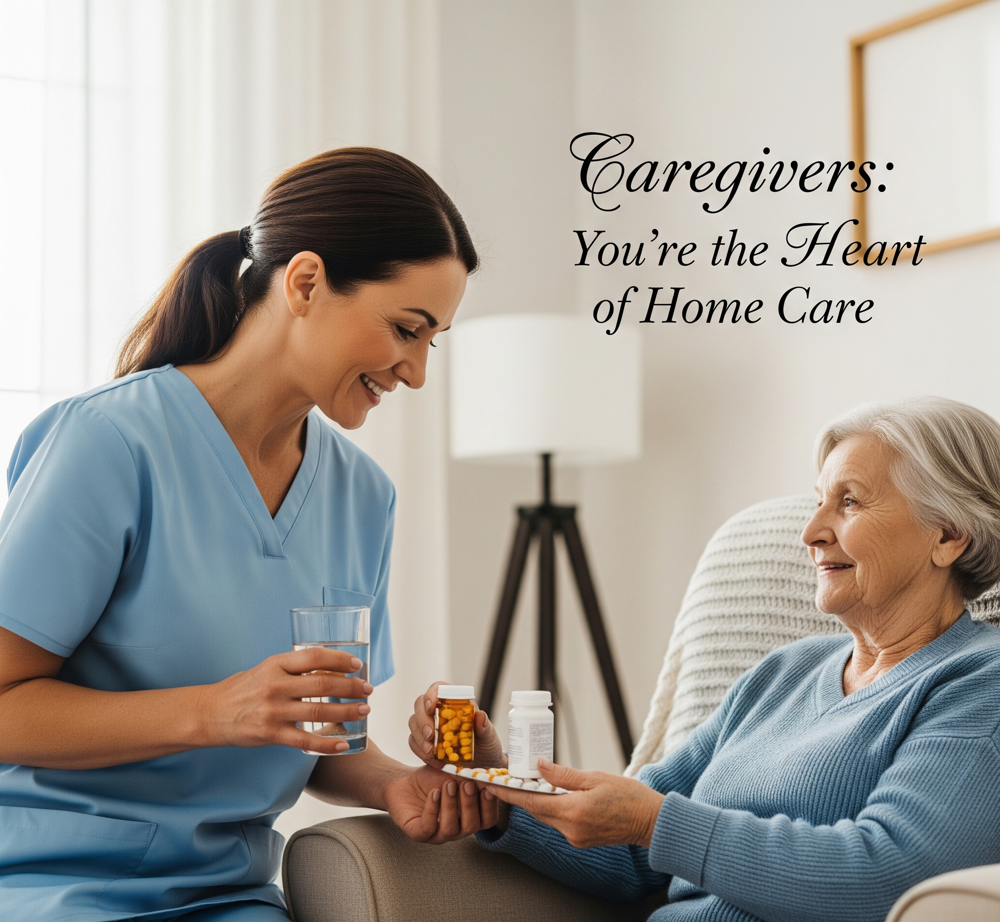 A healthcare worker, wearing blue scrubs, hands an elderly woman a bottle of pills and a glass of water, with medicine bottles and tablets on a table nearby.