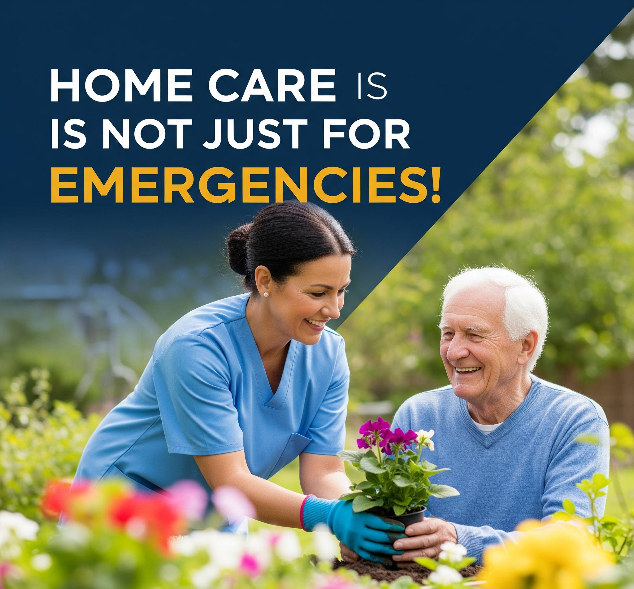 A healthcare worker in blue scrubs and gloves helping an elderly man plant flowers in a garden with colorful blooms, under a bright sky.