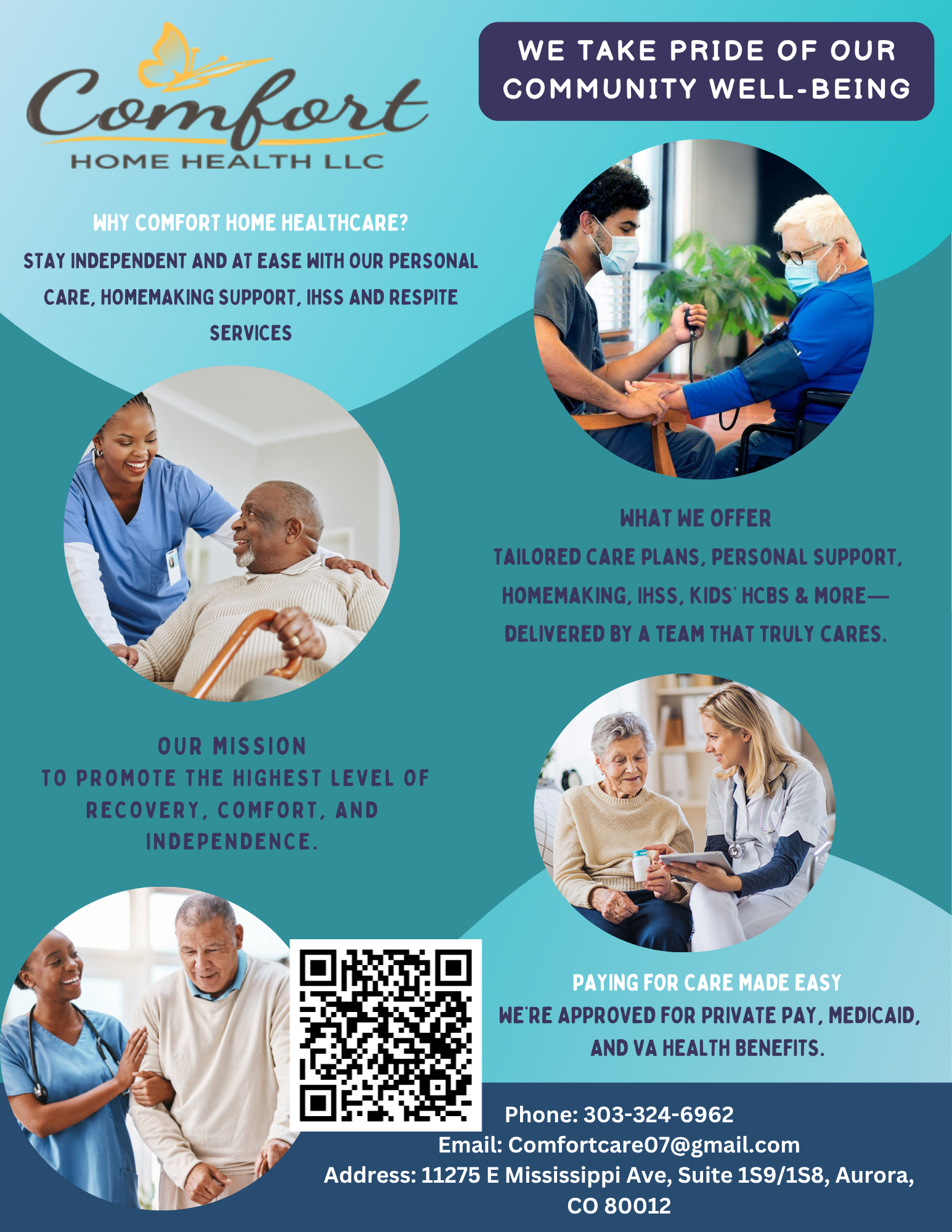 Flyer for Comfort Home Healthcare LLC featuring images of healthcare workers assisting elderly and diverse patients, with text emphasizing community well-being, personalized care plans, and easy payments, including contact details and a QR code.