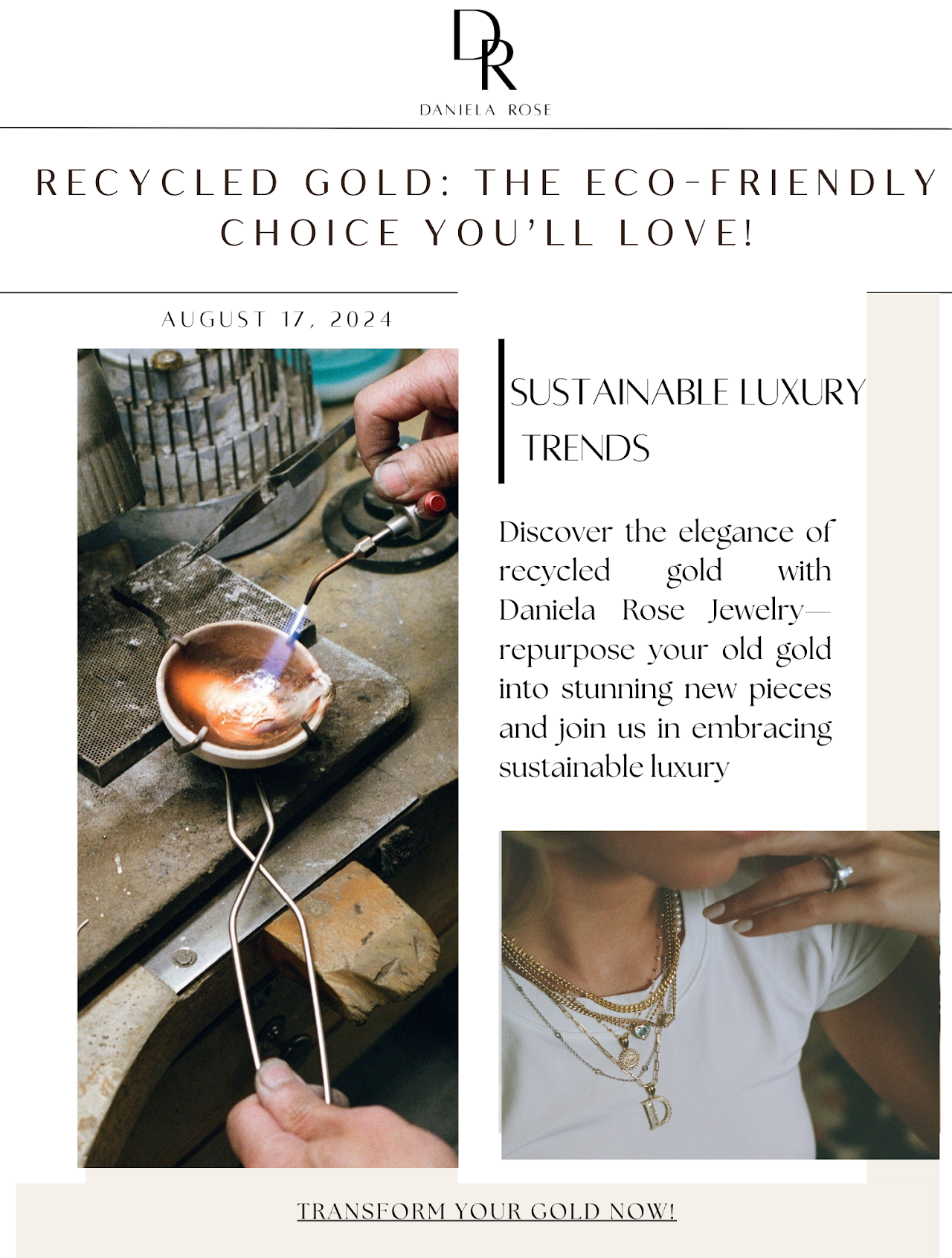 Email marketing design highlighting sustainable jewelry, recycled gold, and eco-friendly jewelry trends with educational content and product-focused imagery.
