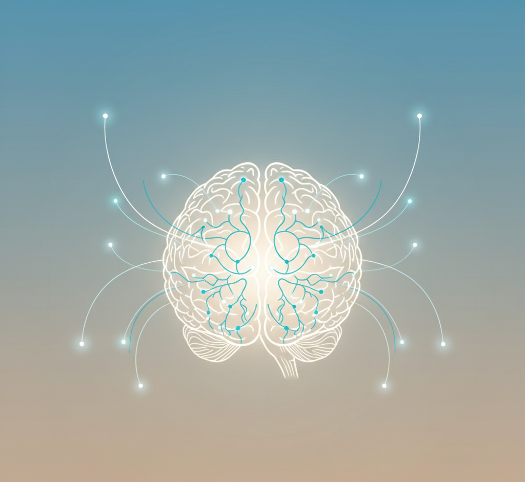 Digital illustration of a human brain with neural connections radiating outward.