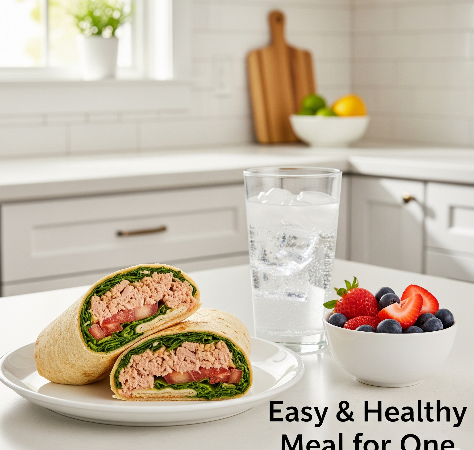 A white plate with a sliced wrap sandwich containing lettuce, tomatoes, and a meat filling, set on a white surface with a bowl of mixed berries and a glass of water nearby, in a bright kitchen with white cabinetry and a window with sunlight.