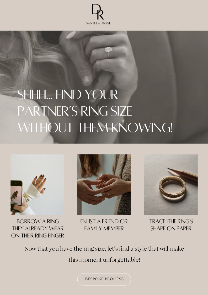Jewelry email marketing design featuring ring sizing guidance, engagement ring imagery, and customer-focused content to help shoppers select the correct ring size.