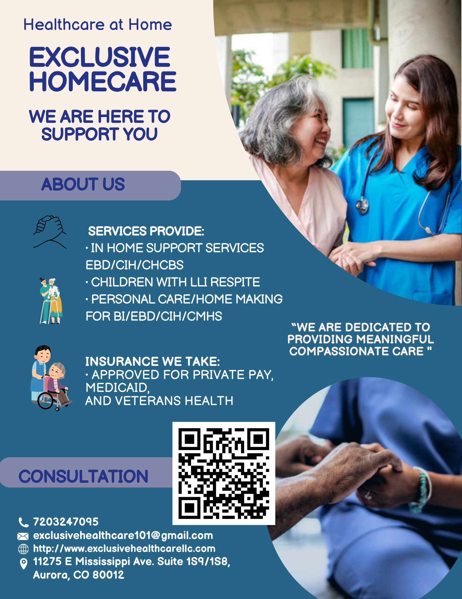 Flyer for healthcare at home services with a photo of a healthcare worker smiling and comforting an elderly woman, containing contact information, email, website, and address.