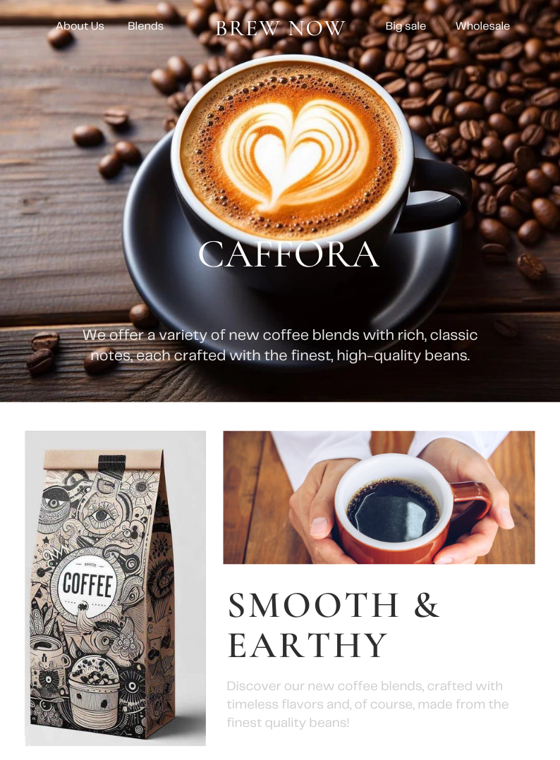 Promotional email design featuring specialty coffee products, latte art, coffee beans, and product packaging with branding and product highlights.