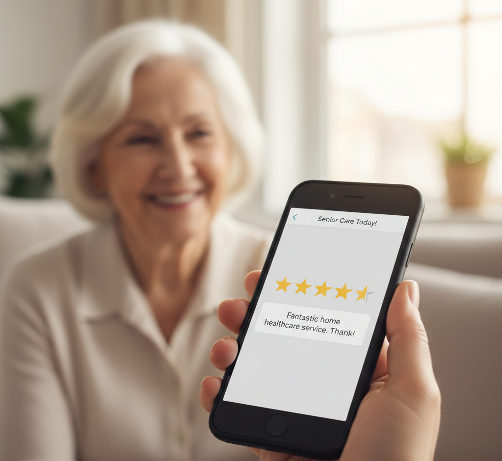 An elderly woman with white hair smiling in the background while a person holds a smartphone with a positive review about home healthcare service visible on the screen.
