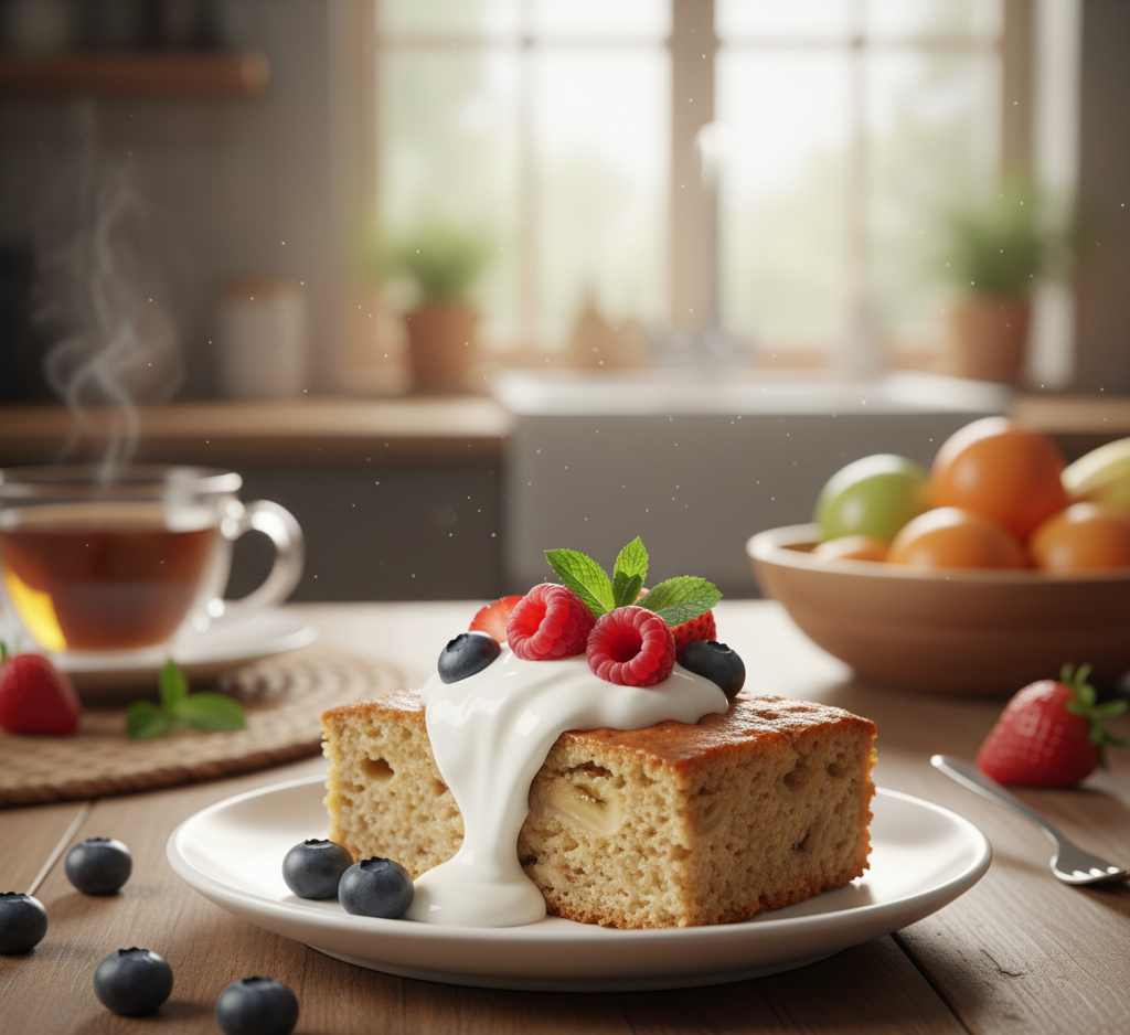 A slice of sponge cake topped with whipped cream, berries, and mint leaves on a white plate, with a cup of tea, a bowl of mixed fruit, and strawberries on a wooden table in a bright kitchen