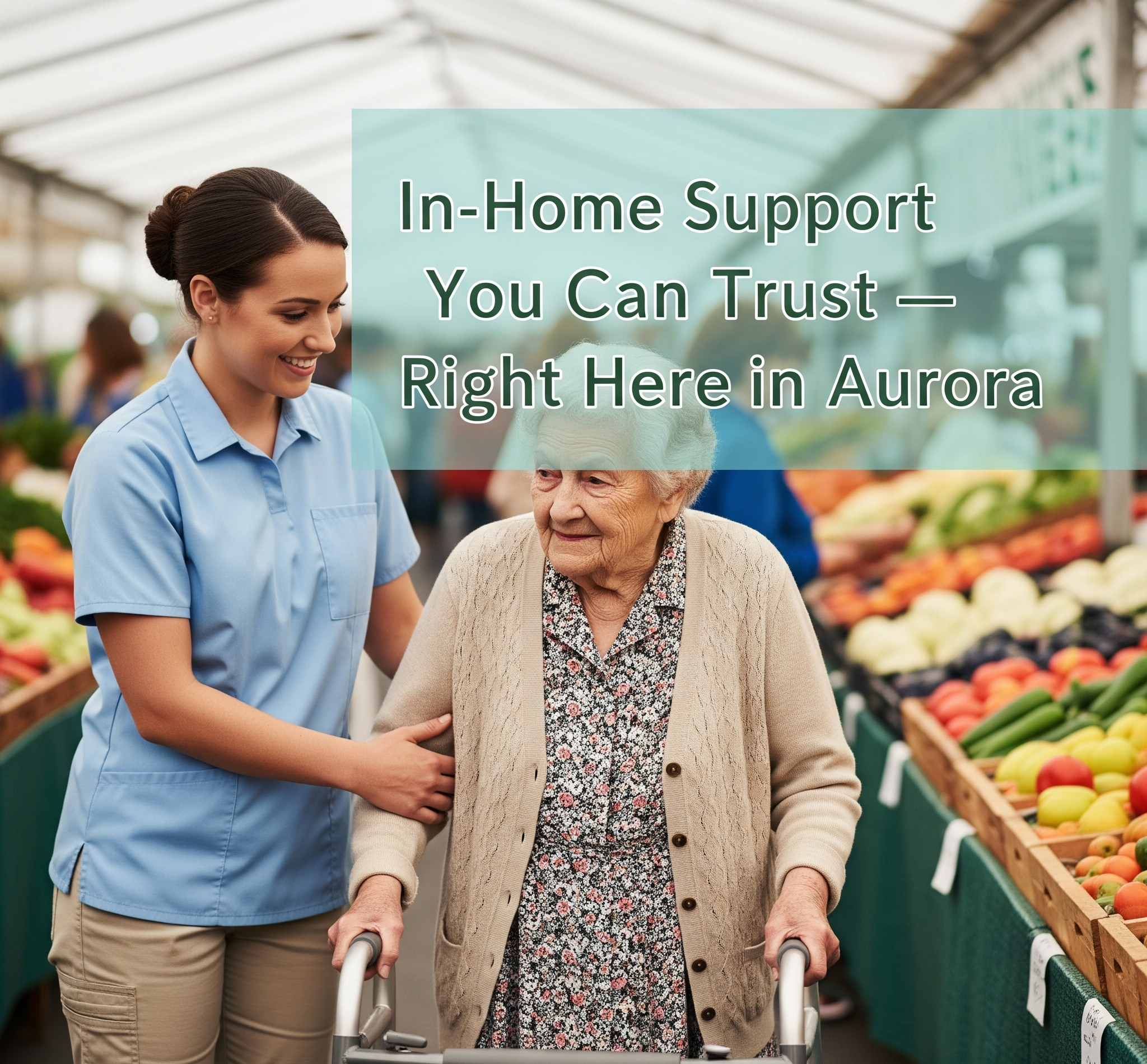 A young woman with dark hair in a bun wearing a light blue shirt assisting an elderly woman with gray hair using a walker at a grocery store. They are standing in front of a produce display with apples. The elderly woman is wearing a floral blouse an