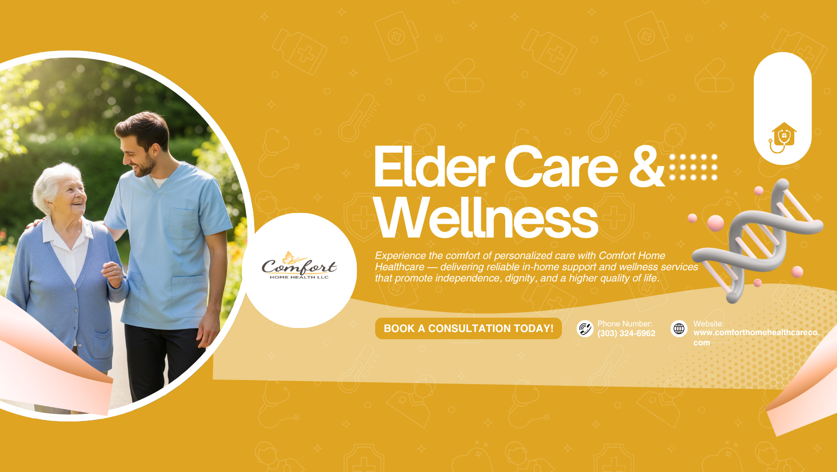 A healthcare professional in scrubs caring for an elderly woman outside, promoting elder care and wellness services by Comfort Home Healthcare.