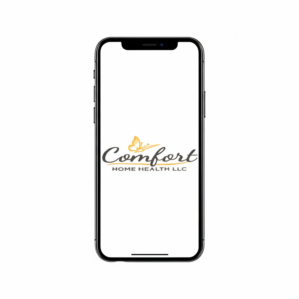 Smartphone displaying the logo for Comfort Home Health LLC, featuring a butterfly graphic and stylized text.