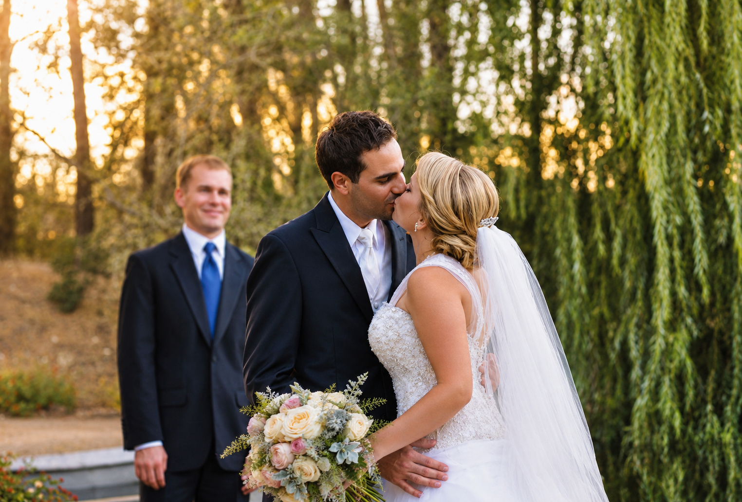 Un couple de mariés s'embrasse pendant leur mariage en plein air, avec un témoin souriant en arrière-plan, dans un parc avec des arbres verts et de la lumière de coucher de soleil. Photos de mariage raté, rattrappée grâce à la retouche et à l'IA.
