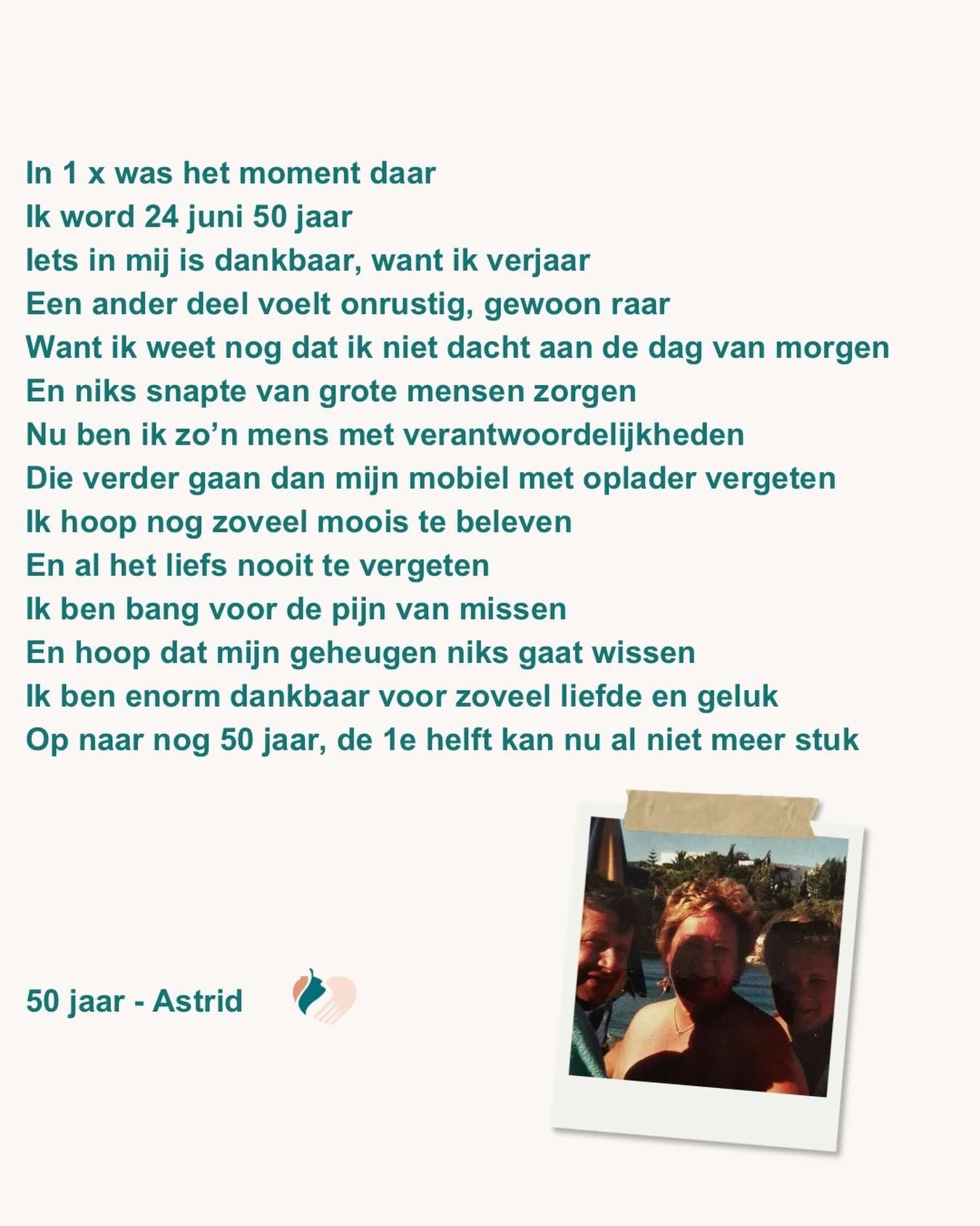 Lieve lezers van mijn gedichten. Een bijzondere week in het vooruitzicht. Jarig en hoe, 50 jaar mag ik worden. 

Ik wens mijzelf heel veel geniet momenten met lieve mensen om mij heen. Wat ga jij vandaag vieren?

#gedicht #50enprachtig #zachtjezelf #
