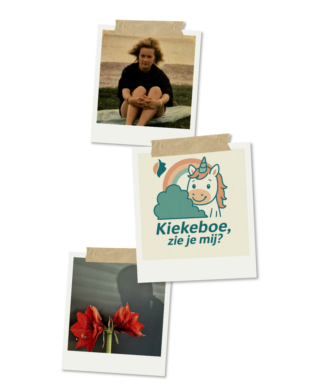 Een collage van drie foto's: een oude foto van een meisje aan zee, een illustratie van een eenhoorn met de tekst 'Kiekeboe, zie je mij?', en een foto van een rode amaryllis bloem.