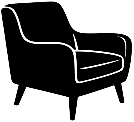Outline drawing of a modern armchair with wooden legs.