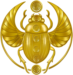 A golden scarab beetle with detailed wings and engraved chakras on its body.