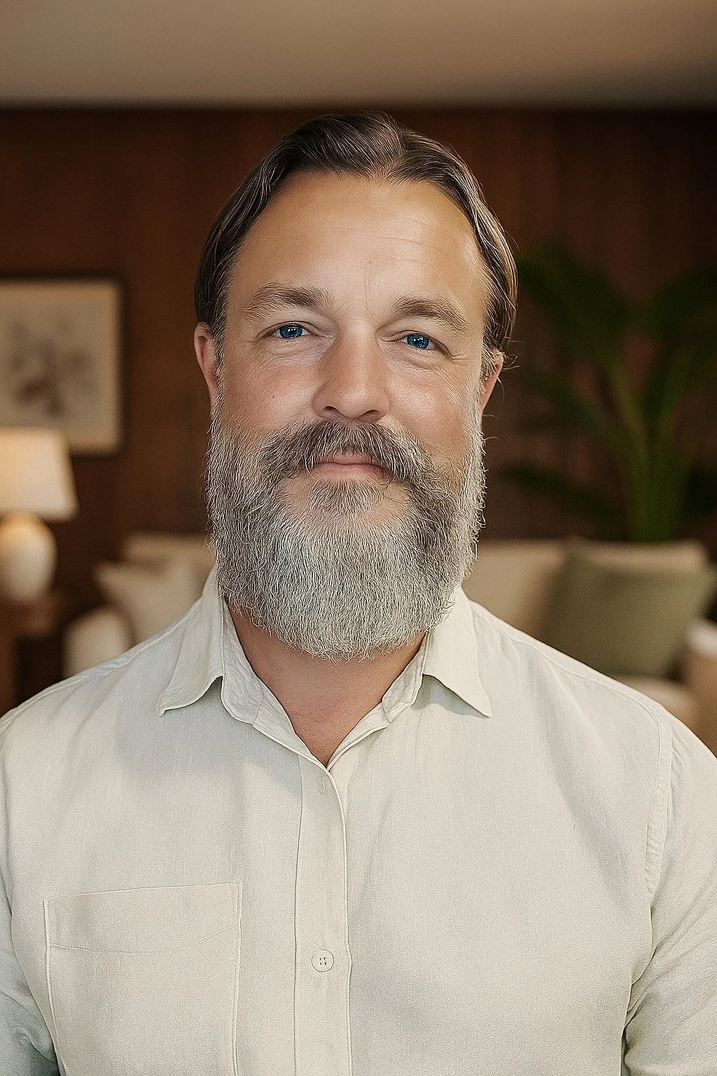 Photo of Robert Sayers, registered counsellor and clinical supervisor, in a warmly decorated room with a lamp, a plant, and framed art on the wall.
