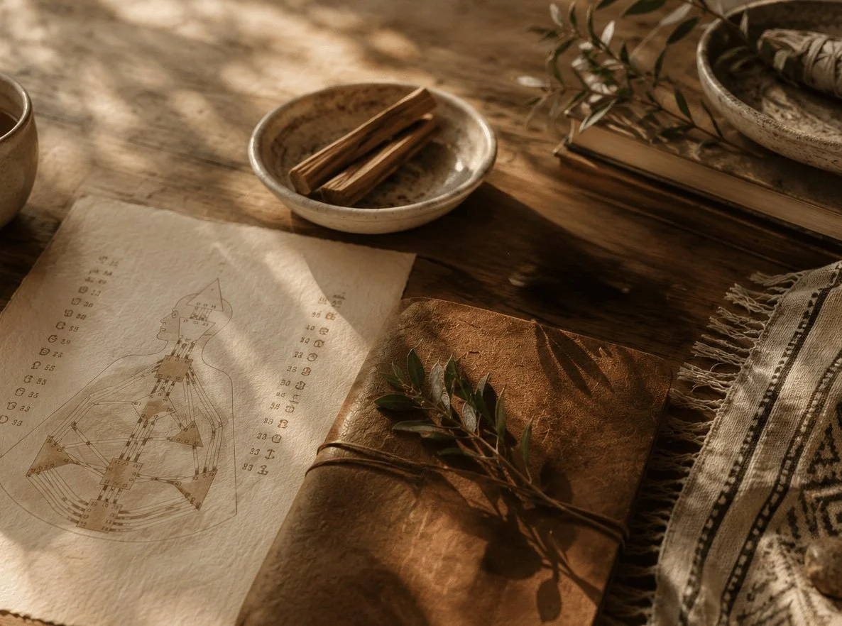 Holistic wellness illustration featuring a Human Design chart, palo santo, and a journal representing meditation and integrative healing practices