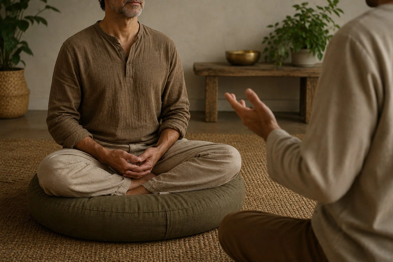 Man receiving one-on-one meditation guidance from instructor in a calm, supportive setting