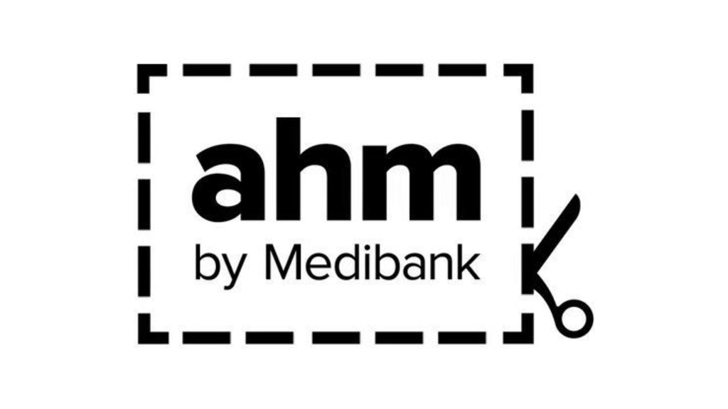 A black and white logo for 'ahm by Medibank' with a dashed border and a scissors icon indicating it is a peel-and-stick health insurance card.
