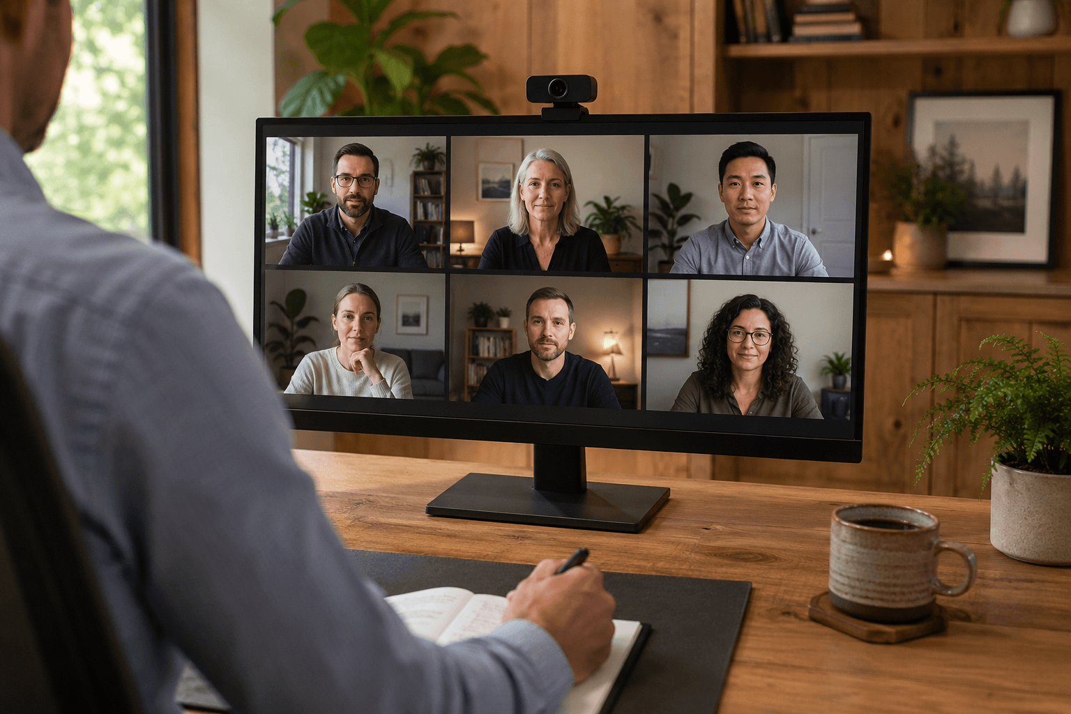 Group of counsellors engaging in an online clinical supervision session via video call