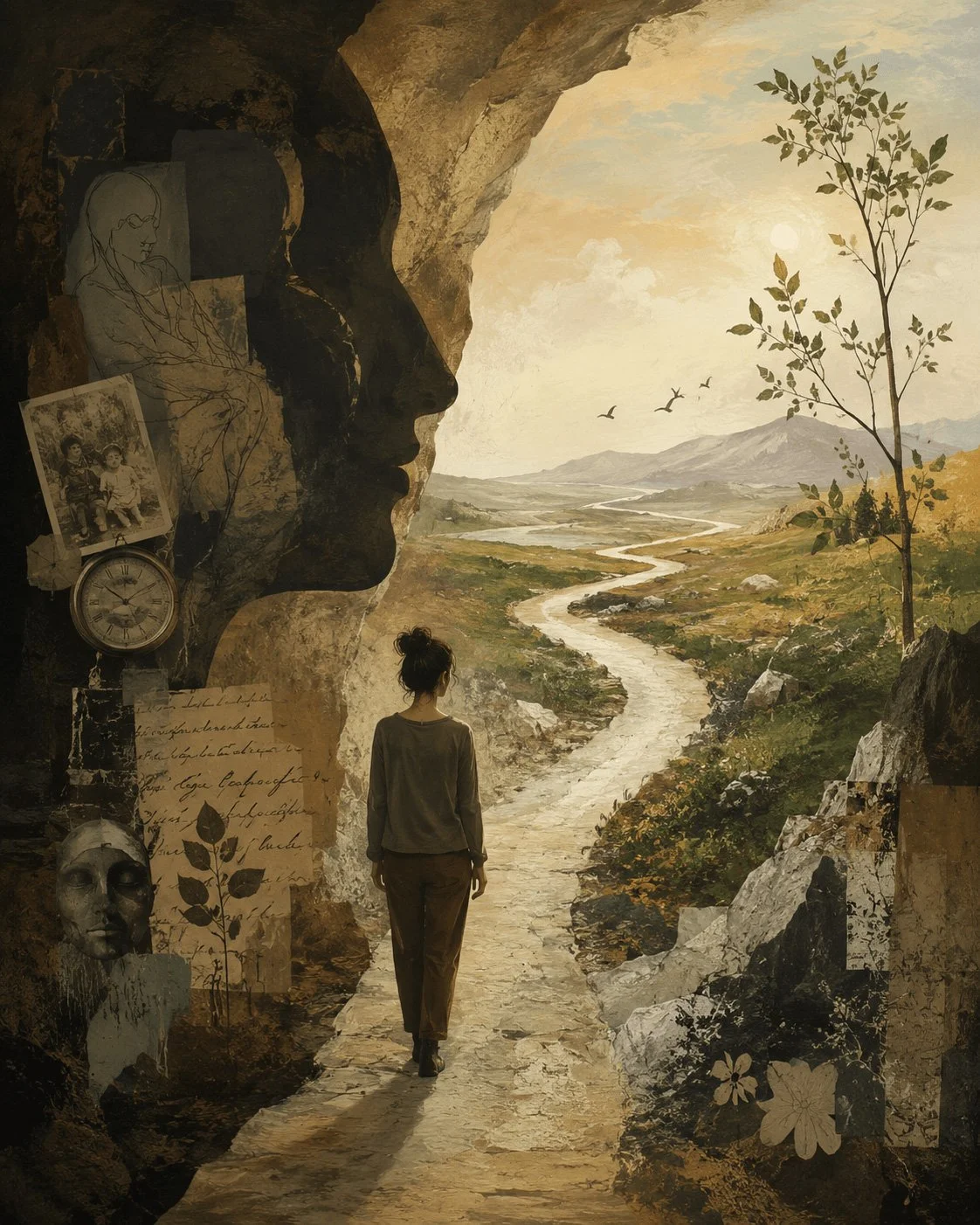 Symbolic artwork of a person walking toward an open landscape beside imagery representing memory, identity and healing