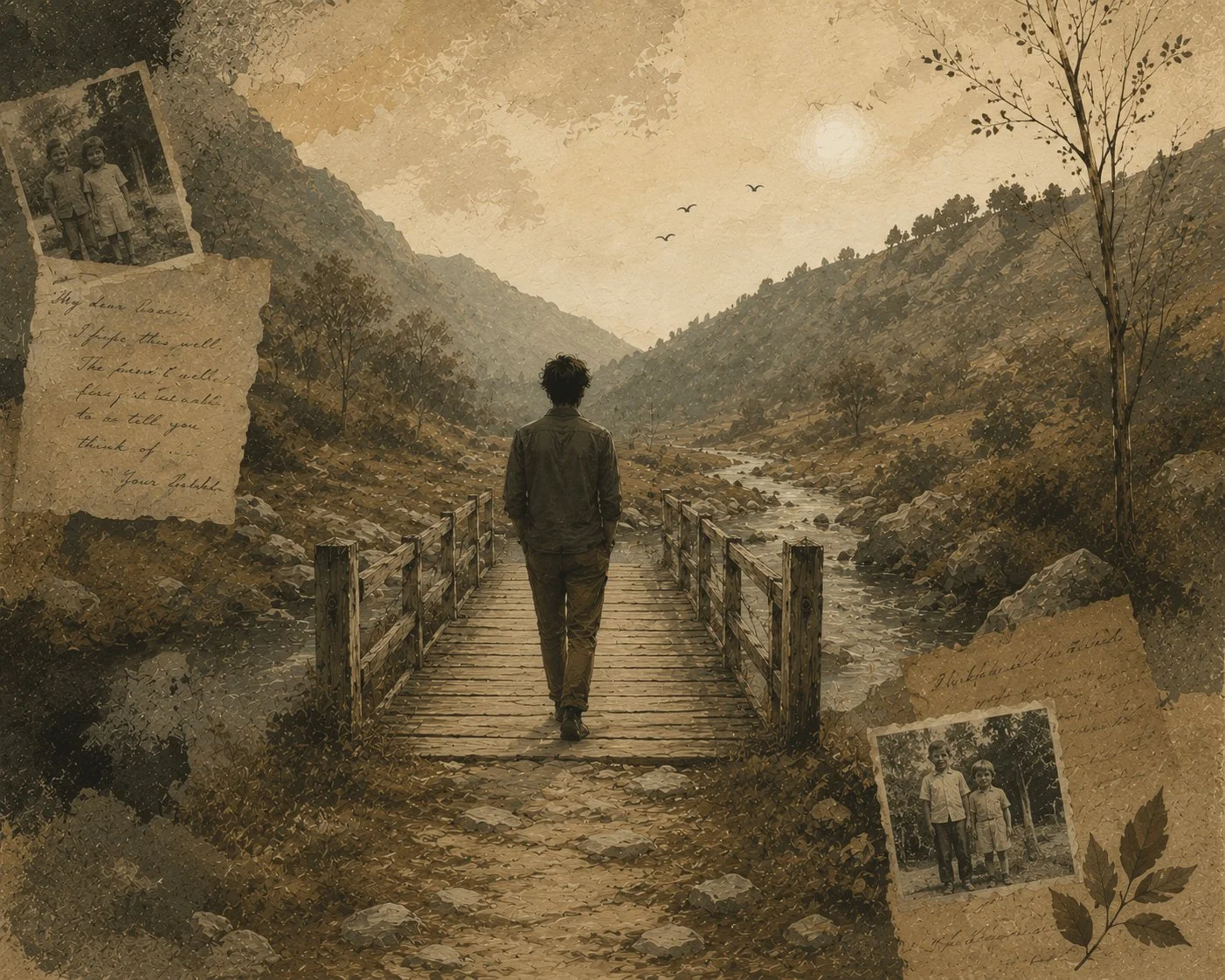 Illustration of a man approaching a bridge symbolising the first step in a counselling journey and seeking support