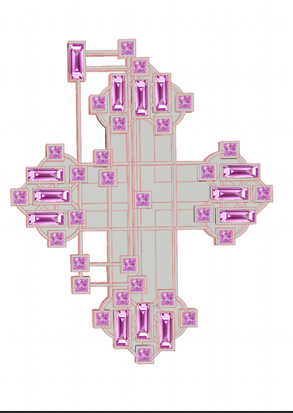 A white background with a decorative cross-shaped jewelry piece featuring pink gemstones outlined in pink metal. The cross has an intricate design with rectangular and square gemstones.
