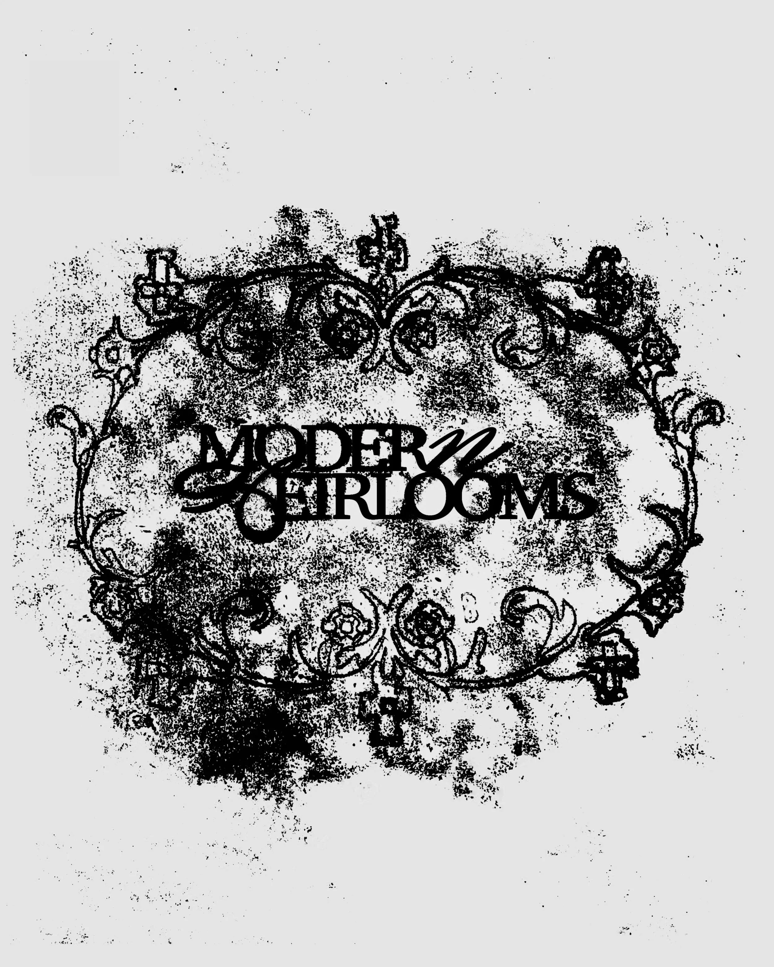 A black and white illustration of an ornate vintage mirror frame with a distressed, textured appearance.