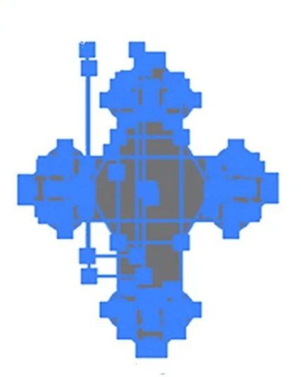 Pixelated blue and gray symmetrical abstract pattern with a cross-like shape.