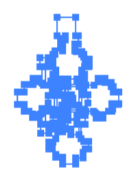 A pixelated, blue, cross-shaped pattern with a central circle and extending arms