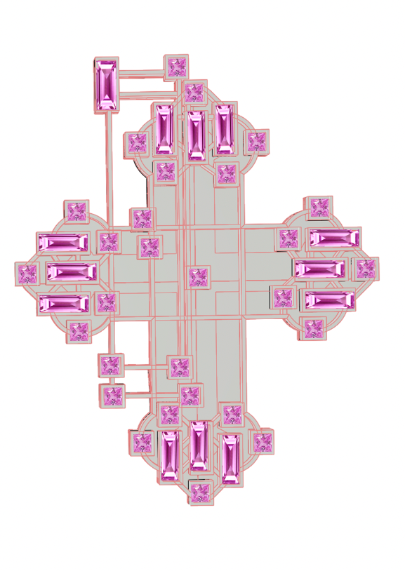 A white background with a decorative cross-shaped jewelry piece featuring pink gemstones outlined in pink metal. The cross has an intricate design with rectangular and square gemstones.