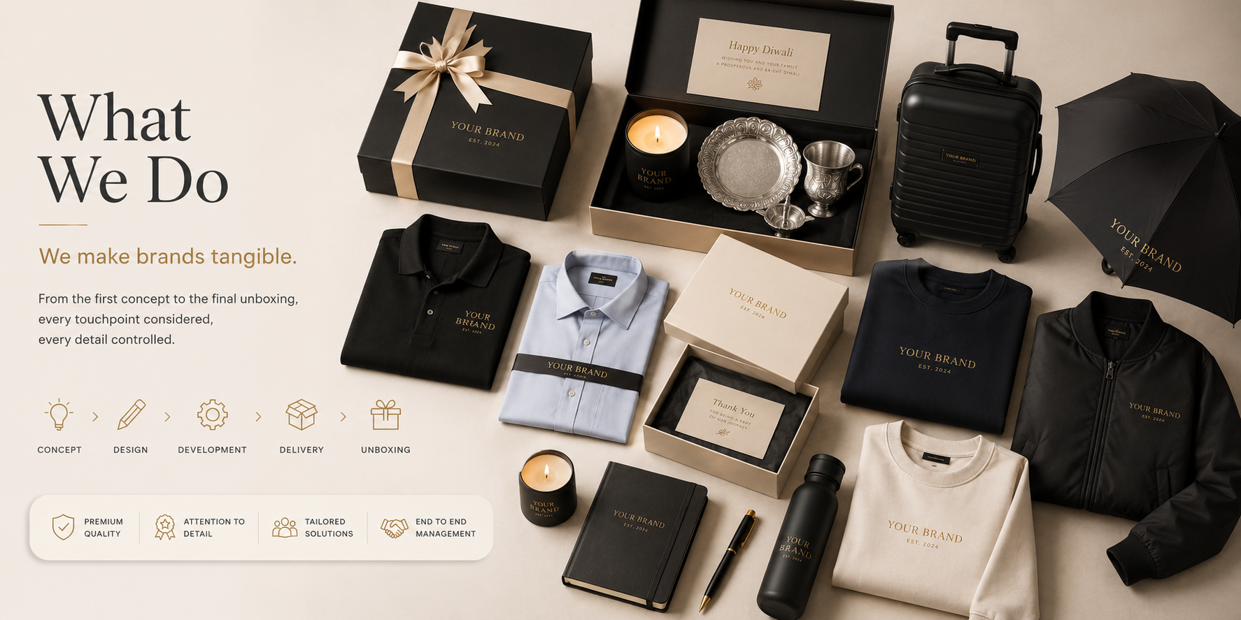 The image shows various branded products and packaging items, including clothing such as black, white, and beige sweatshirts and a polo shirt, along with accessories like a black water bottle, a black suitcase, an umbrella, candles, a notebook, a pen, a box, and a gift set. The branding on all items reads 'Your Brand' with an establishment date of 2024. There are also icons and text conveying the company's services, such as concept, design, development, delivery, unboxing, premium quality, attention to detail, tailored solutions, and end-to-end management.