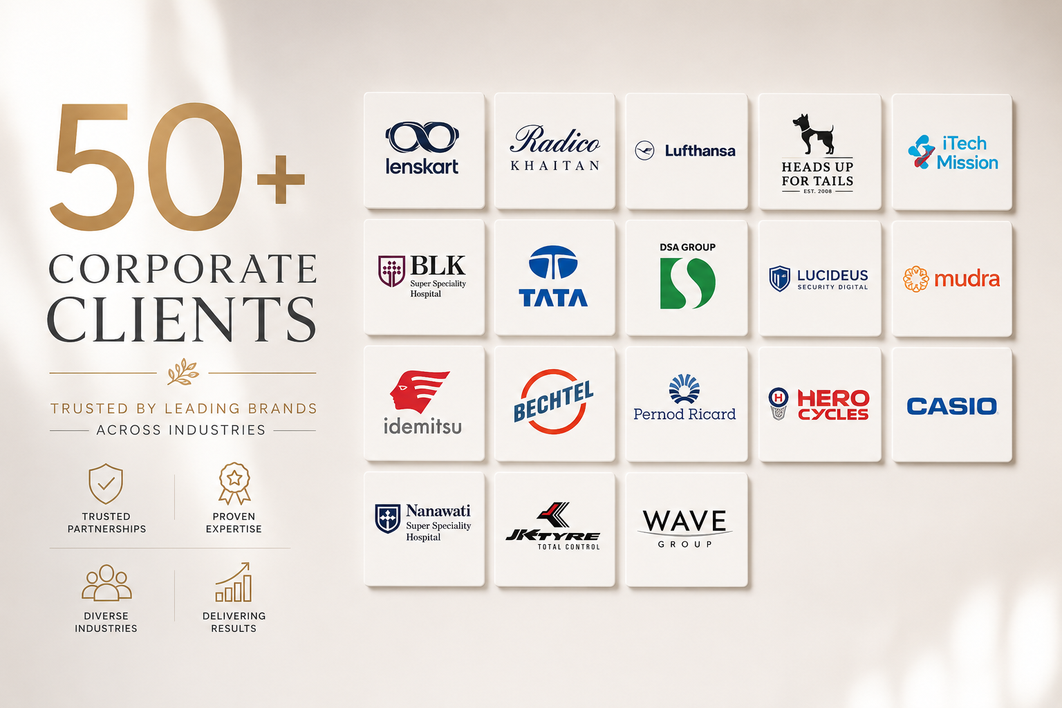 Wall display of logos of over 50 corporate clients arranged in a grid, with a section on the left listing traits such as trusted partnerships, proven expertise, diverse industries, and delivering results.