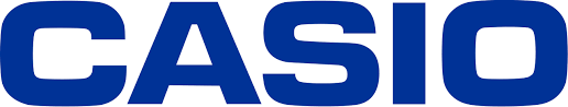 Close-up of the Casio logo in blue lettering.