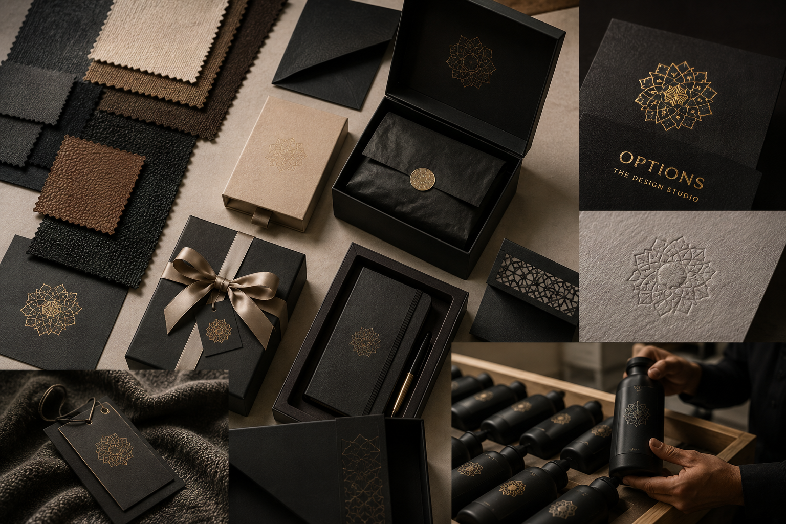 Luxurious black and beige packaging with gold embossed geometric patterns and branding, including gift boxes, notebooks, tags, and water bottles.