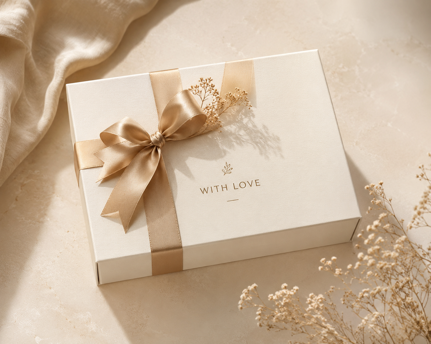 A white gift box wrapped with a gold satin ribbon in a bow, decorated with dried flowers, and labeled 'WITH LOVE' in gold lettering, placed on a beige surface with a cream fabric and dried flowers nearby.