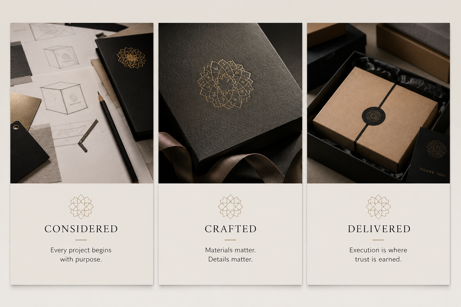 The image is divided into three sections with different designs and text. The first section shows sketches and materials with the word "CONSIDERED" and the phrase "Every project begins with purpose." The second section features a black textured box with a gold geometric logo and the word "CRAFTED" with the phrase "Materials matter. Details matter." The third section displays a wrapped gift box with a black sticker and a thank you card with the word "DELIVERED" and the phrase "Execution is where trust is earned."