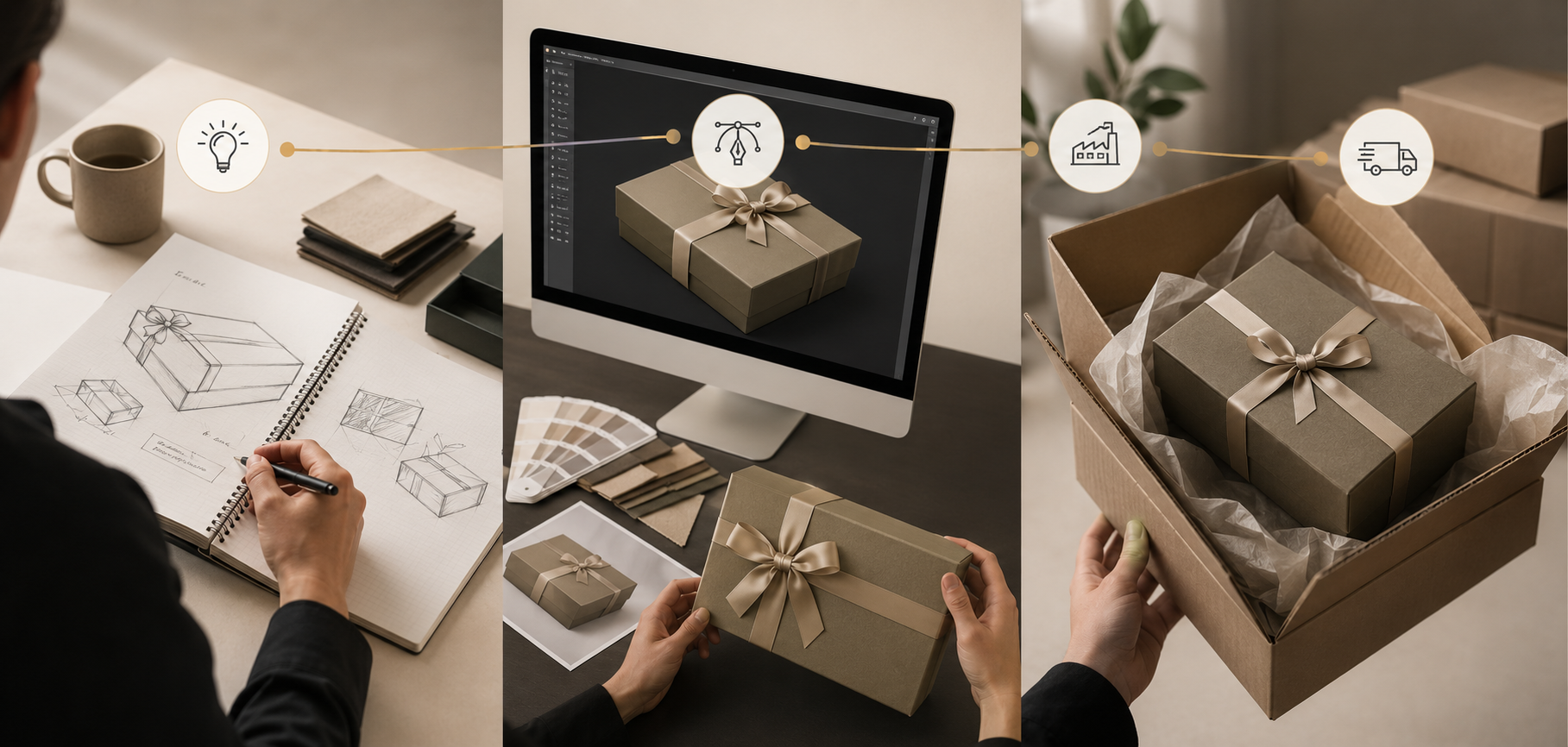 A designer sketches gift box ideas, then creates and packages a wrapped gift with a beige ribbon, and finally places it in a shipping box for delivery.
