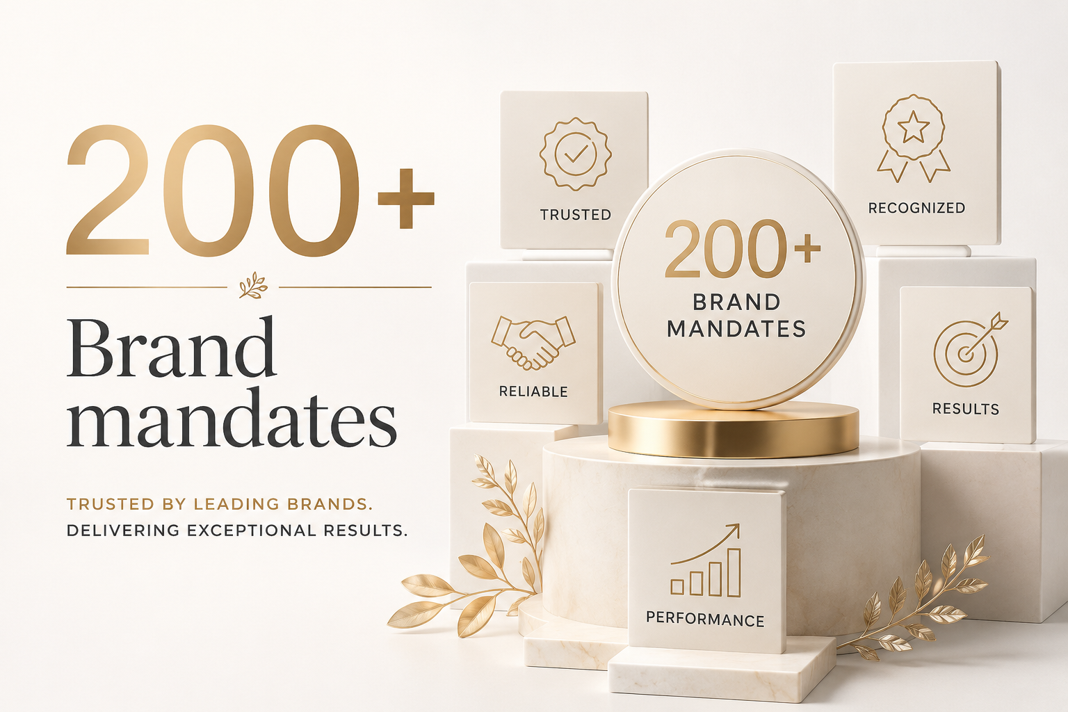 Celebration of 200+ brand mandates with icons representing trust, recognition, reliability, results, and performance, featuring a beige and gold color scheme.