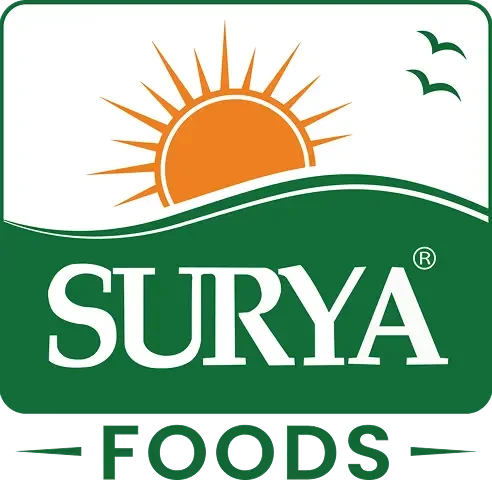 Logo of Surya Foods with a stylized sun, hills, and flying birds