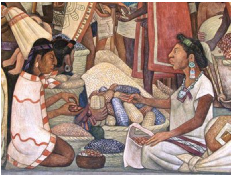 A mural depicting Native American women engaged in trading or crafting, surrounded by woven baskets, textiles, and traditional artifacts.
