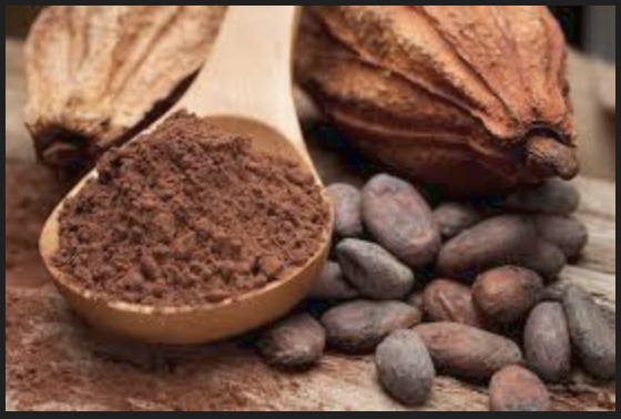 Cocoa beans, cocoa powder in a wooden spoon, chocolate bar, and dried cacao pods on a wooden surface.